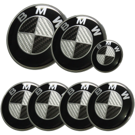 Afauto 7pcs BMW Black-Silver Carbon Fiber Style Emblem Logo Badge Set 73-82mm
